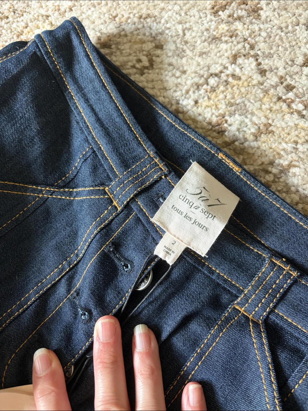 cinq a sept Dark Indigo High-Rise Jeans with Gold Stitching